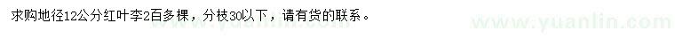 求購(gòu)地徑12公分紅葉李