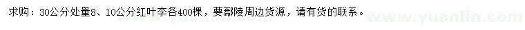 求購30公分處量8、10公分紅葉李