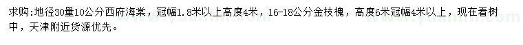 求購(gòu)地徑30量10公分西府海棠、16-18公分金枝槐
