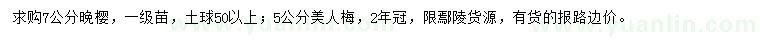 求購7公分晚櫻、5公分美人梅
