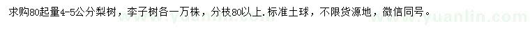 求購80公分起量4-5公分梨樹、李子樹