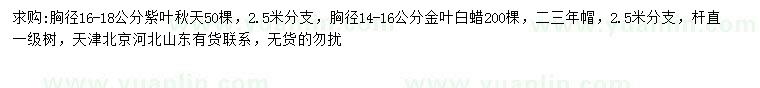 求購胸徑16-18公分紫葉秋天、14-16公分金葉白蠟