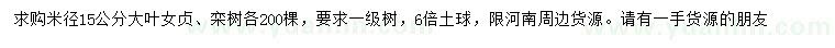 求購(gòu)米徑15公分大葉女貞、欒樹