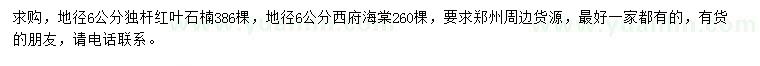 求購地徑6公分紅葉石楠、西府海棠
