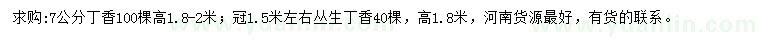 求購7公分丁香、冠1.5米左右叢生丁香