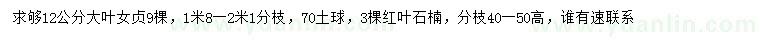 求購12公分大葉女貞、高40-50公分紅葉石楠