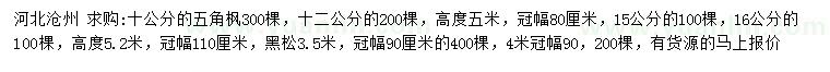 求購10、12、15、16公分五角楓、3.5、4米黑松