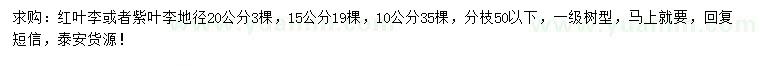 求購(gòu)地徑10、15、20公分紅葉李或紫葉李