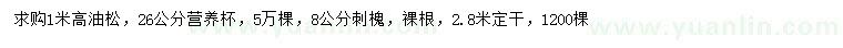 求購高1米油松、8公分刺槐