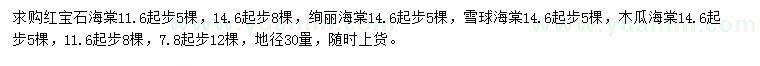 求購(gòu)紅寶石海棠、絢麗海棠、雪球海棠等