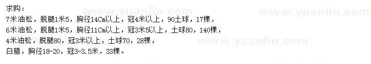 求購(gòu)4、6、7米油松、胸徑18-20公分白蠟