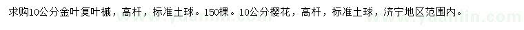 求購10公分金葉復(fù)葉槭、櫻花