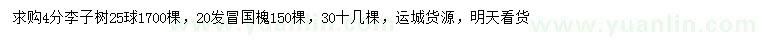 求購(gòu)4公分李子樹、20公分國(guó)槐