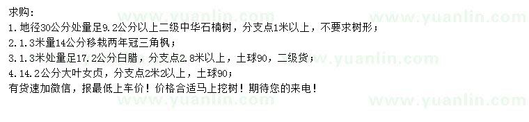 求購中華石楠樹、三角楓、白臘等