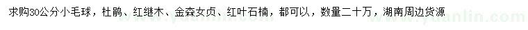 求購杜鵑、紅繼木、金森女貞等小毛球
