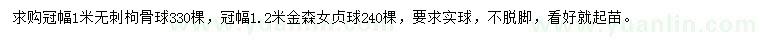 求購(gòu)冠幅1米無(wú)刺枸骨球、冠幅1.2米金森女貞球