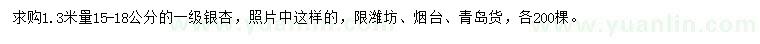 求購(gòu)1.3米量15-18公分銀杏