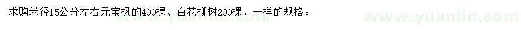 求購米徑15公分左右元寶楓、百花柳樹