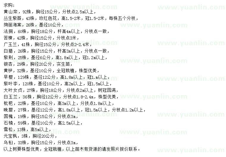 求購黃山欒、叢生紫薇、絢麗海棠等