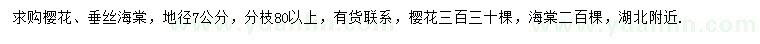 求購地徑7公分櫻花、垂絲海棠
