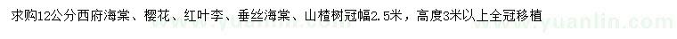 求購西府海棠、櫻花、紅葉李等