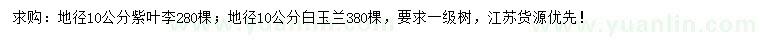 求購(gòu)地徑10公分紫葉李、白玉蘭