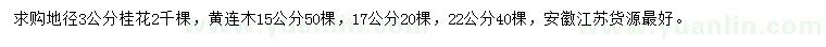 求購地徑3公分桂花、15、17、22公分黃連木