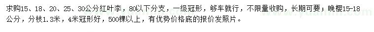 求購15、18、20、25、30公分紅葉李、15-18公分晚櫻