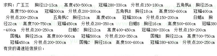 求購廣玉蘭、五角楓、白蠟等