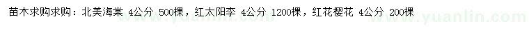求購(gòu)北美海棠、紅太陽(yáng)李、紅花櫻花