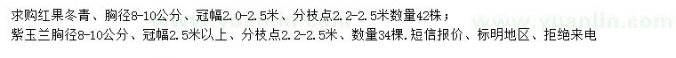 求購胸徑8-10公分紅果冬青、紫玉蘭