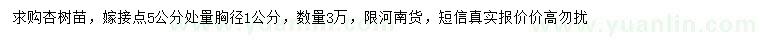 求購5公分處量胸徑1公分杏樹苗