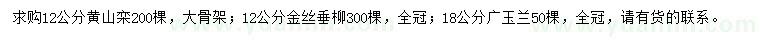 求購(gòu)黃山欒、金絲垂柳、廣玉蘭