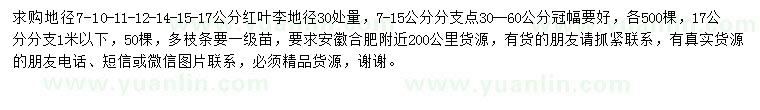 求購地徑7、10、11、12、14、15、17公分紅葉李