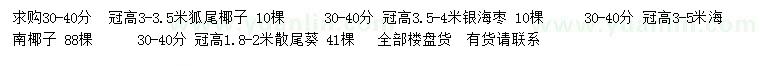 求購狐尾椰子、銀海棗、海南椰子等