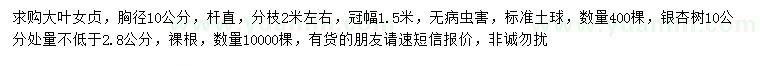 求購10公分大葉女貞、10公分處量2.8公分以上銀杏樹