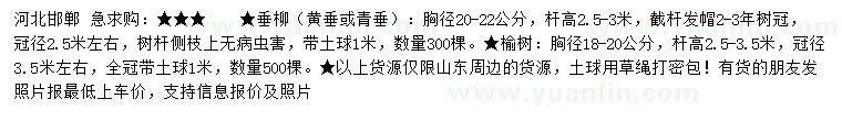 求購胸徑20-22公分垂柳、18-20公分榆樹