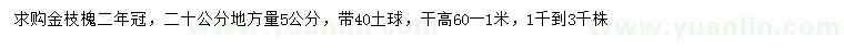 求購20公分量5公分金枝槐