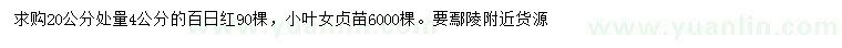 求購20公分處量4公分百日紅、小葉女貞