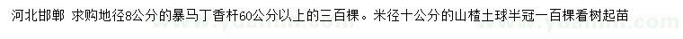 求購(gòu)地徑8公分暴馬丁香、米徑10公分山楂