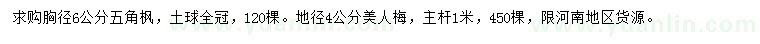 求購胸徑6公分五角楓、地徑4公分美人梅