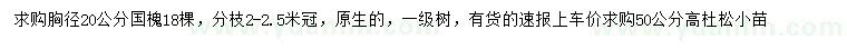 求購胸徑20公分國槐、高50公分杜松小苗