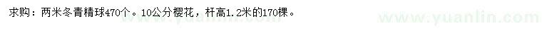 求購(gòu)2米冬青精球、10公分櫻花