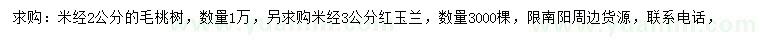 求購米徑2公分毛桃樹、3公分紅玉蘭
