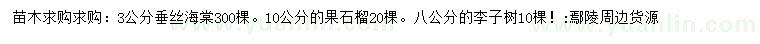 求購(gòu)垂絲海棠、果石榴、李子樹(shù)