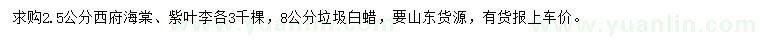求購西府海棠、紫葉李、白蠟