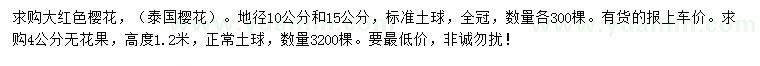 求購地徑10、15公分泰國櫻花、4公分無花果
