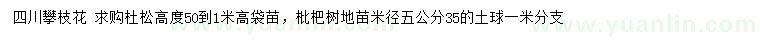 求購高50-100公分杜松、米徑5公分枇杷樹