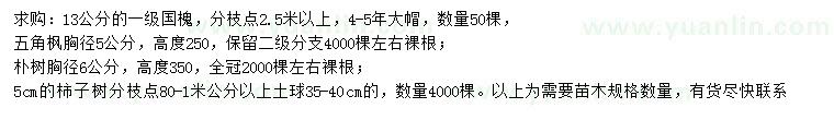 求購國槐、五角楓、樸樹等