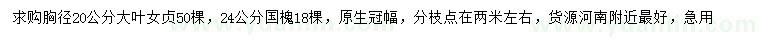 求購胸徑20公分大葉女貞、24公分國(guó)槐